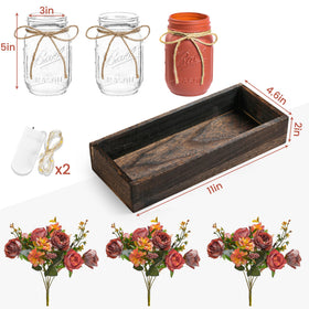 DUOER 3-Pcs Mason Jar Centerpieces with Wood Tray & LED Lights – Farmhouse Table Decor (Orange)