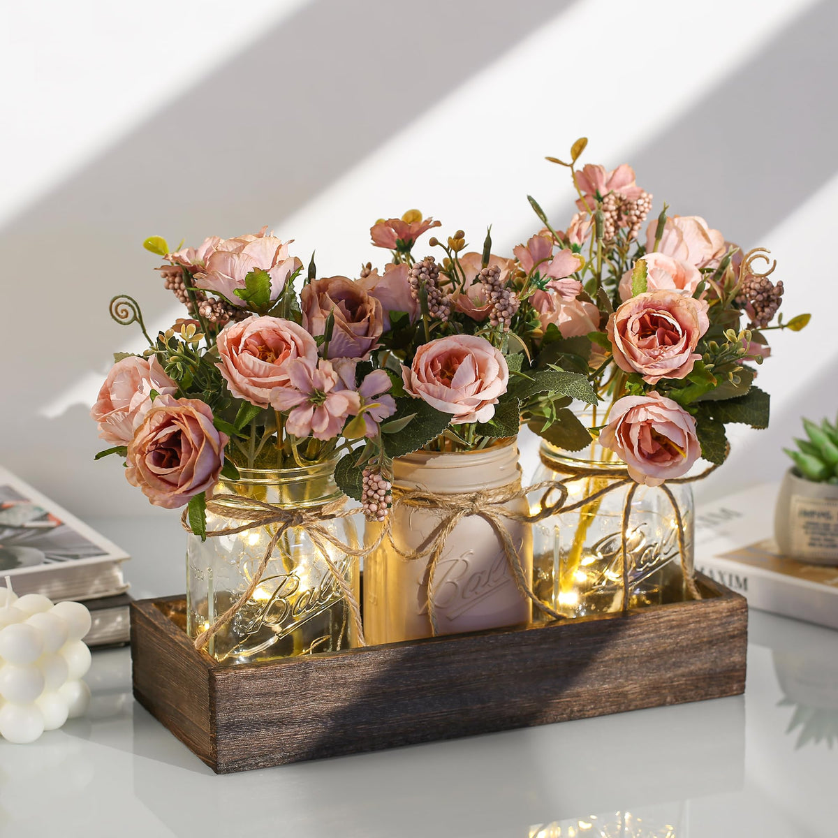 DUOER LED-light mason jar centerpiece adds warm ambience