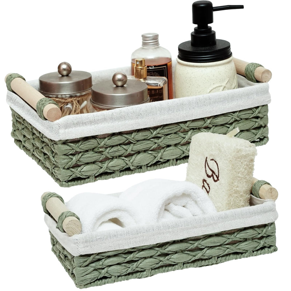 DUOER wicker storage basket with handle on countertop for tidy organization.