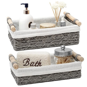 DUOER wicker storage basket on toilet tank top for bathroom essentials and organization.
