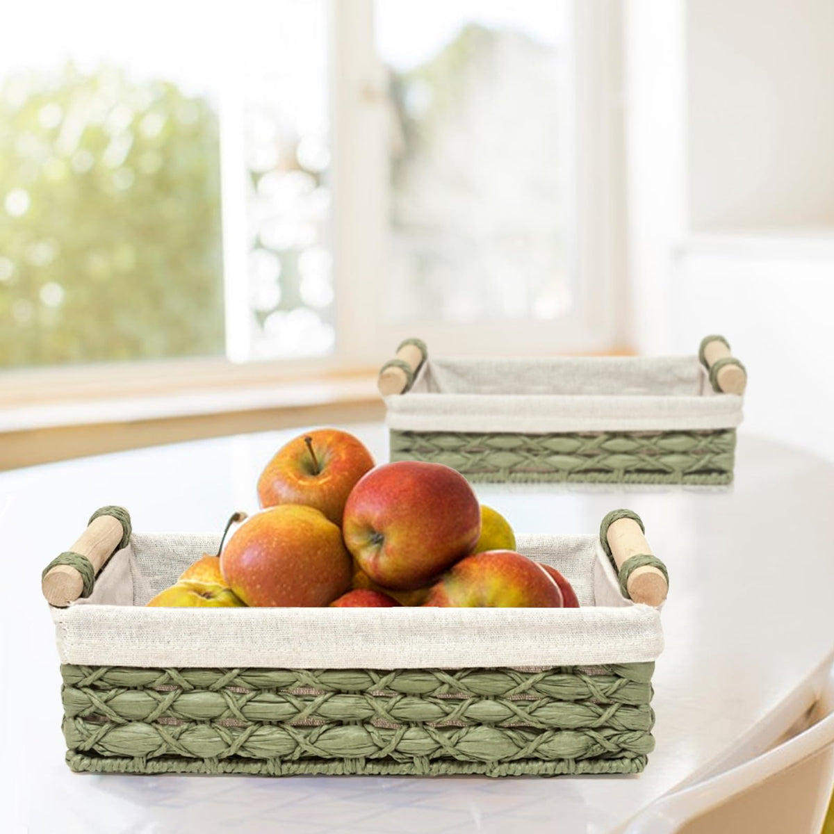 DUOER wicker basket on toilet tank for convenient bathroom storage.