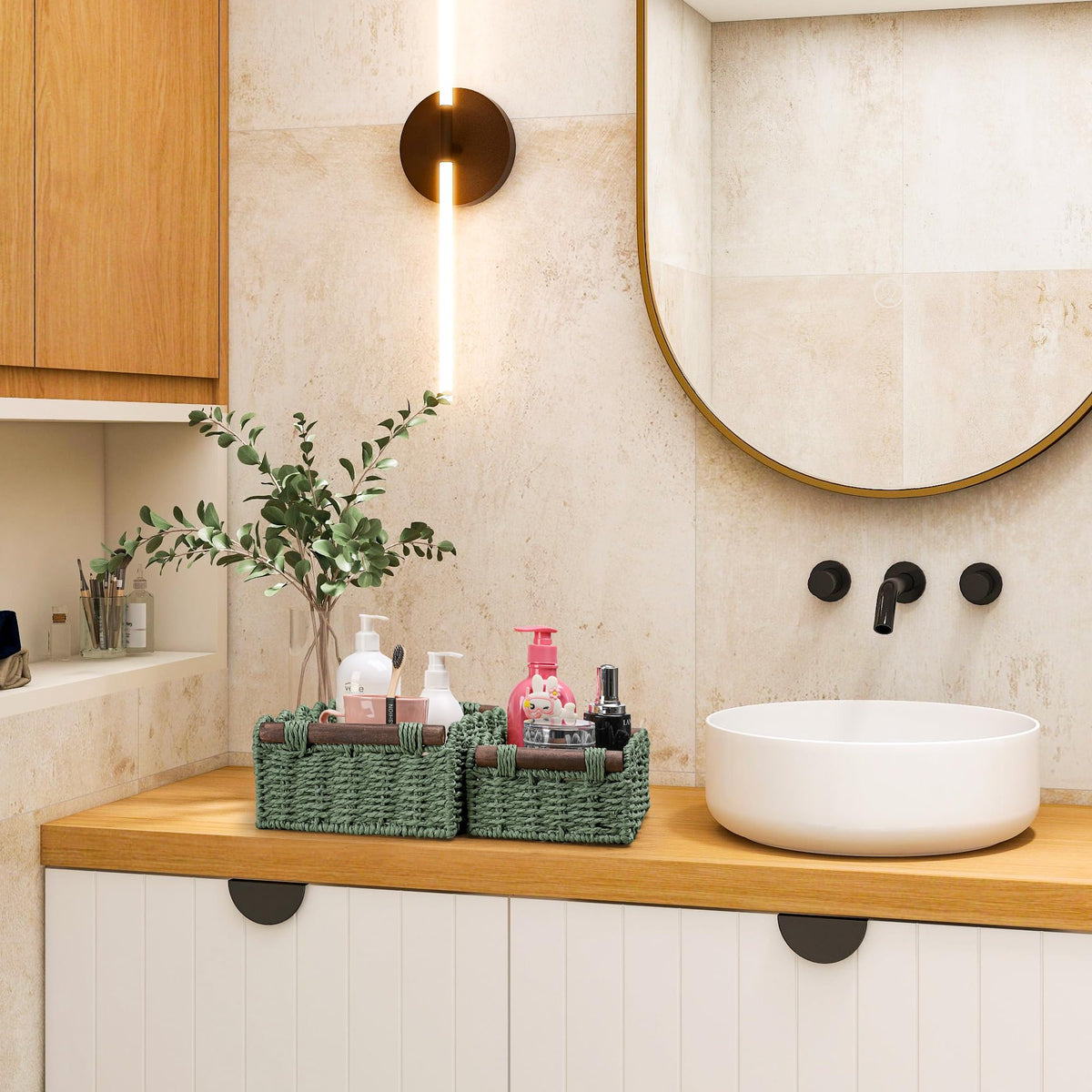 Tank-top organizer helps keep toiletries and accessories visible and within reach.