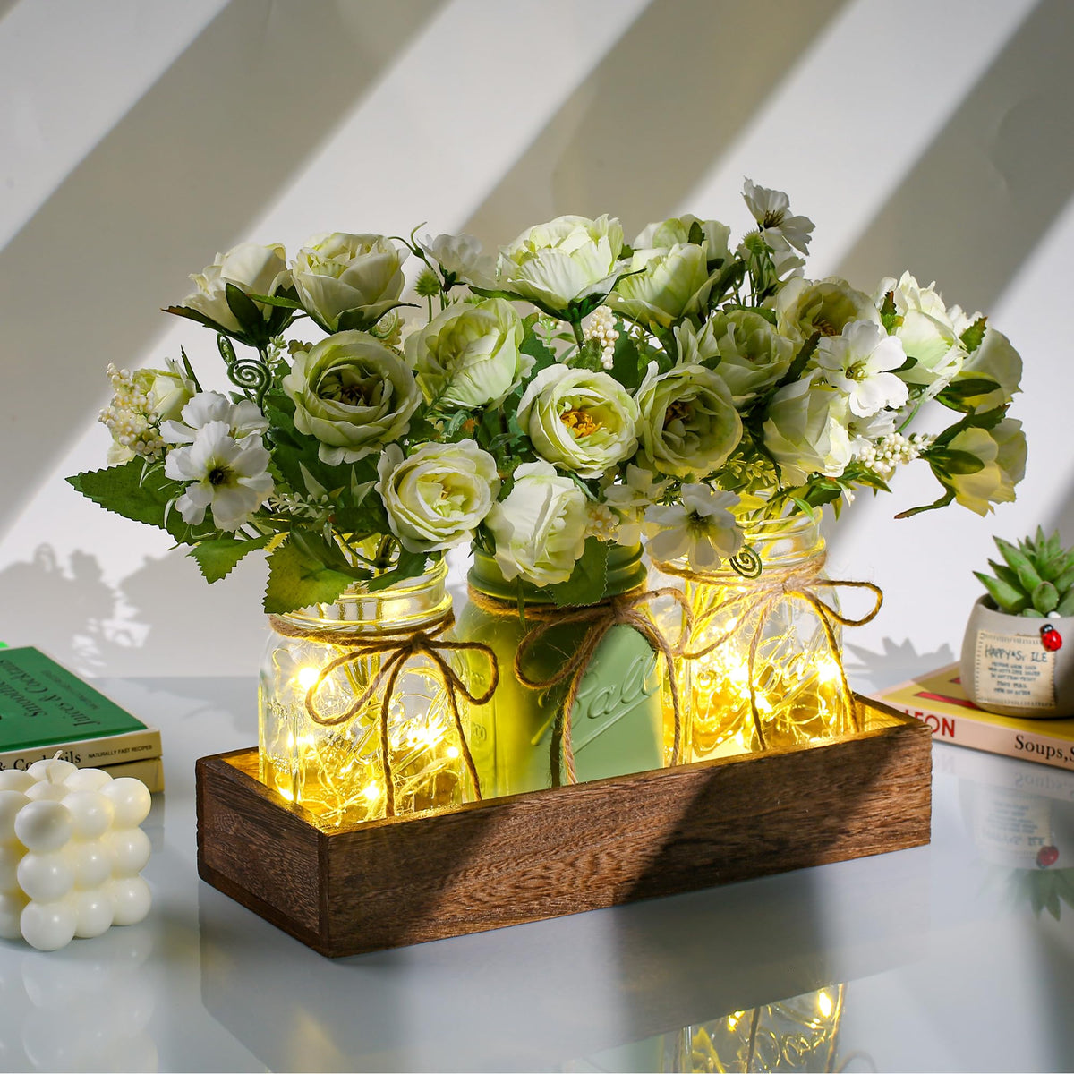 DUOER three mason jars with artificial flowers for versatile DIY decor.