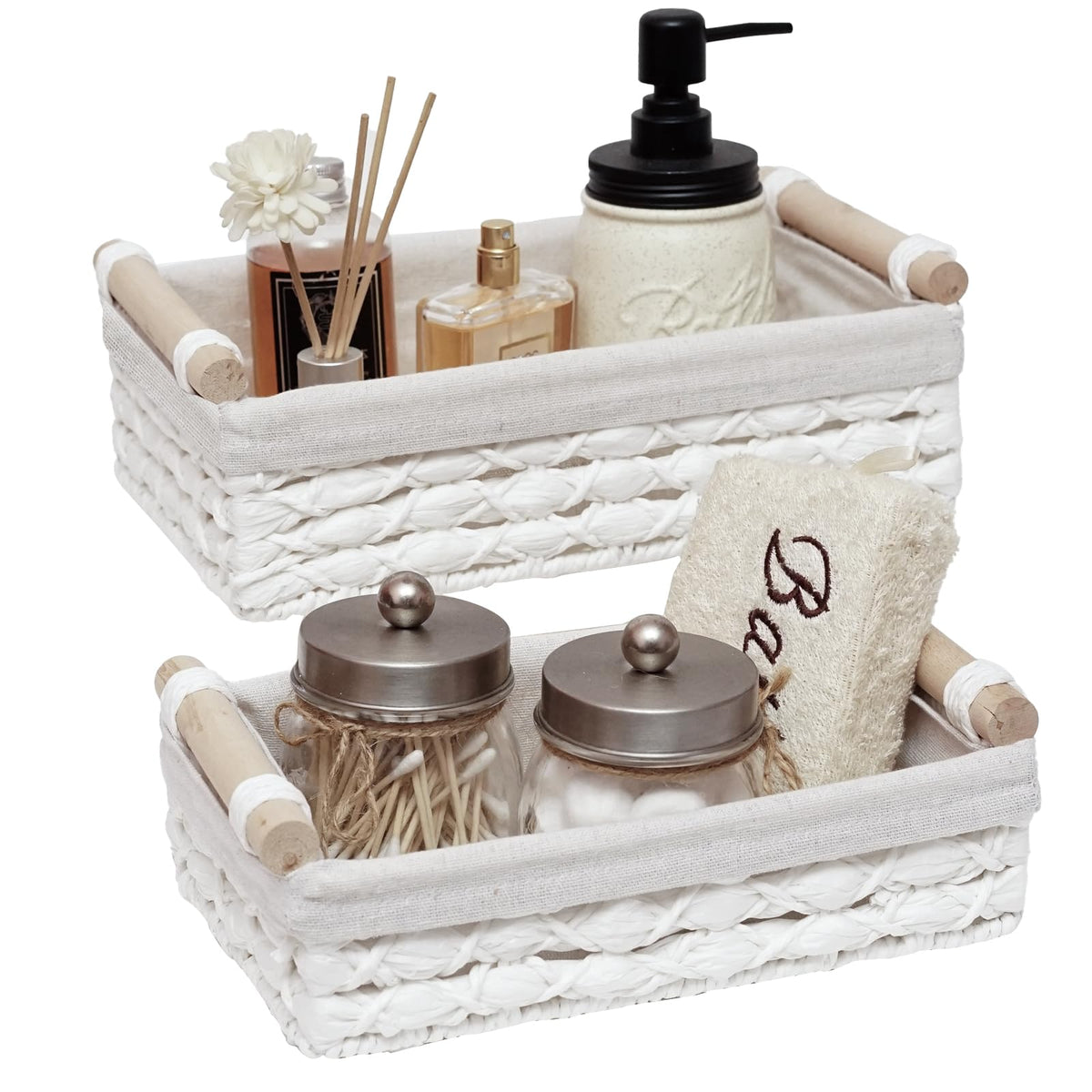 DUOER handwoven wicker basket set of 2 on countertop for bathroom organization