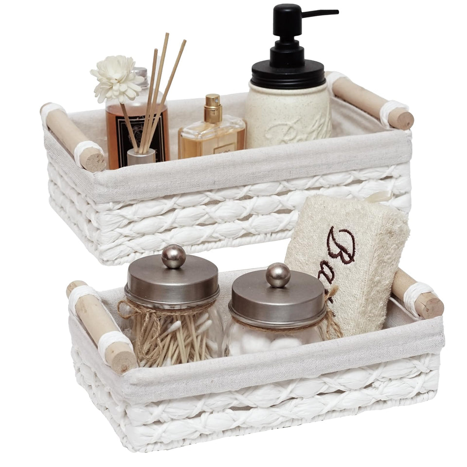 DUOER handwoven wicker basket set of 2 on countertop for bathroom organization