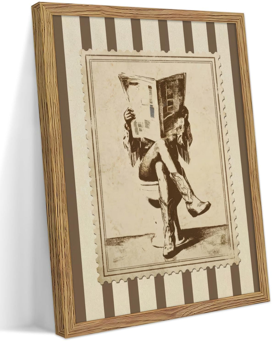 DUOGUAER framed vintage cowgirl toilet-reading art enhances quirky bathroom decor