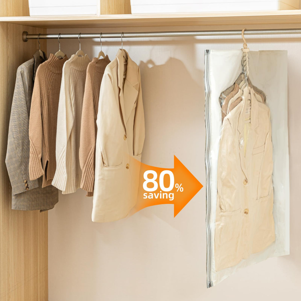 DUORAN 5-ring hanging design shows closet-ready garment organization.
