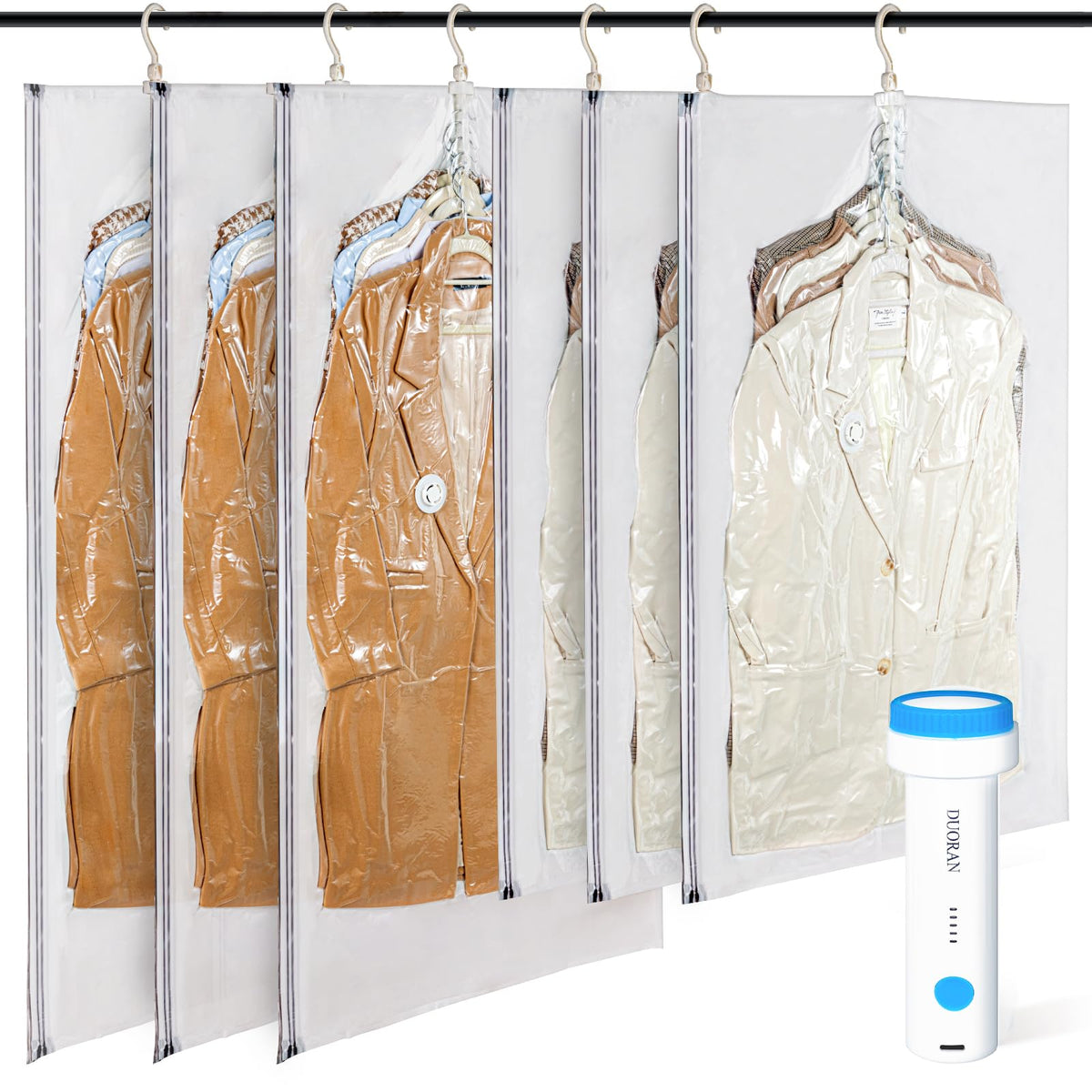 DUORAN hanging vacuum bags electric pump close-up shows cordless efficiency for travel.