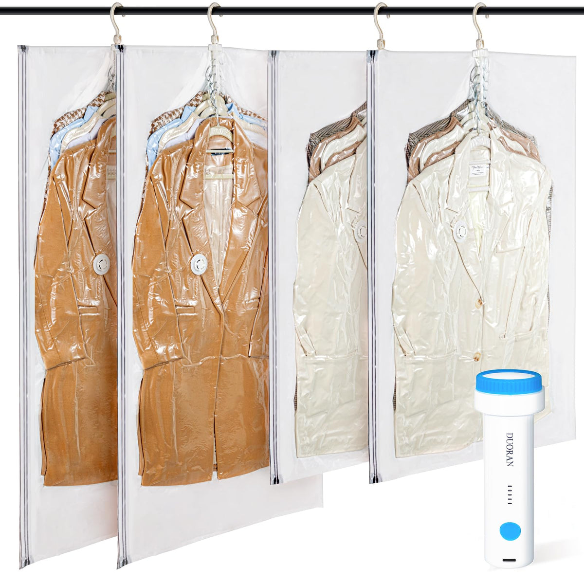 DUORAN hanging vacuum bags with electric pump for compact travel storage.
