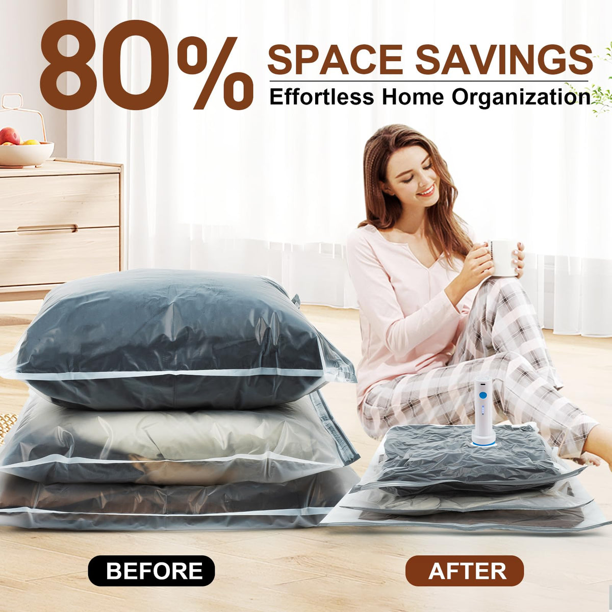 DUORAN vacuum bags large size fits bulky blankets for closet storage.