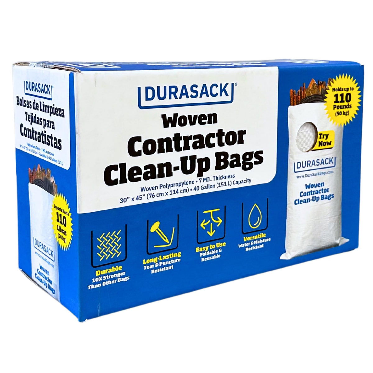 DURASACK contractor bag 40-gallon, heavy-duty woven polypropylene, ideal for rugged job-site cleanup.