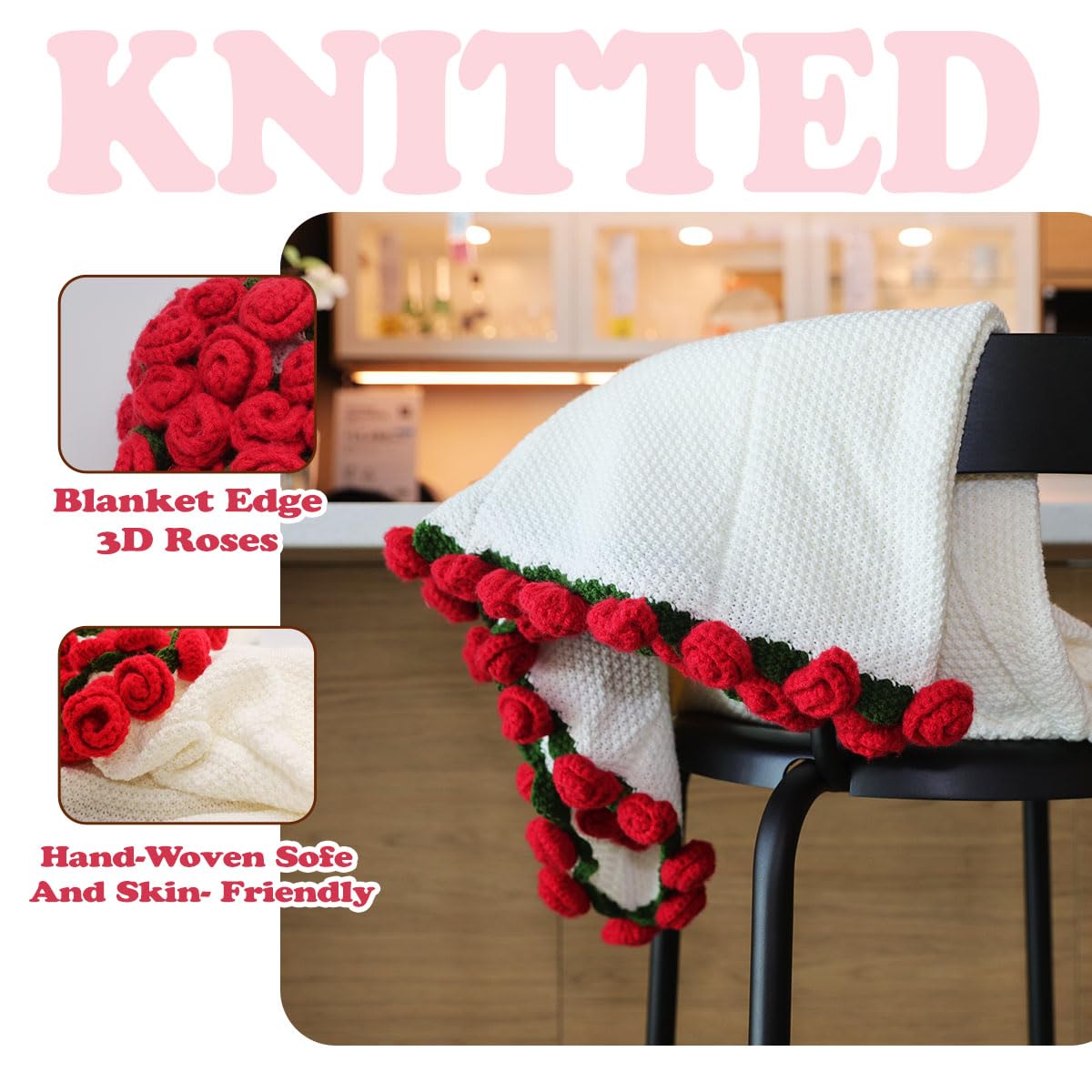 Duryeo red rose crochet blanket provides soft warmth for cozy evenings.