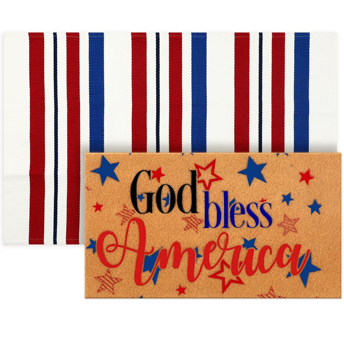Duraaamo 4th of July coir doormat adds durable patriotic curb appeal to outdoor entrances.
