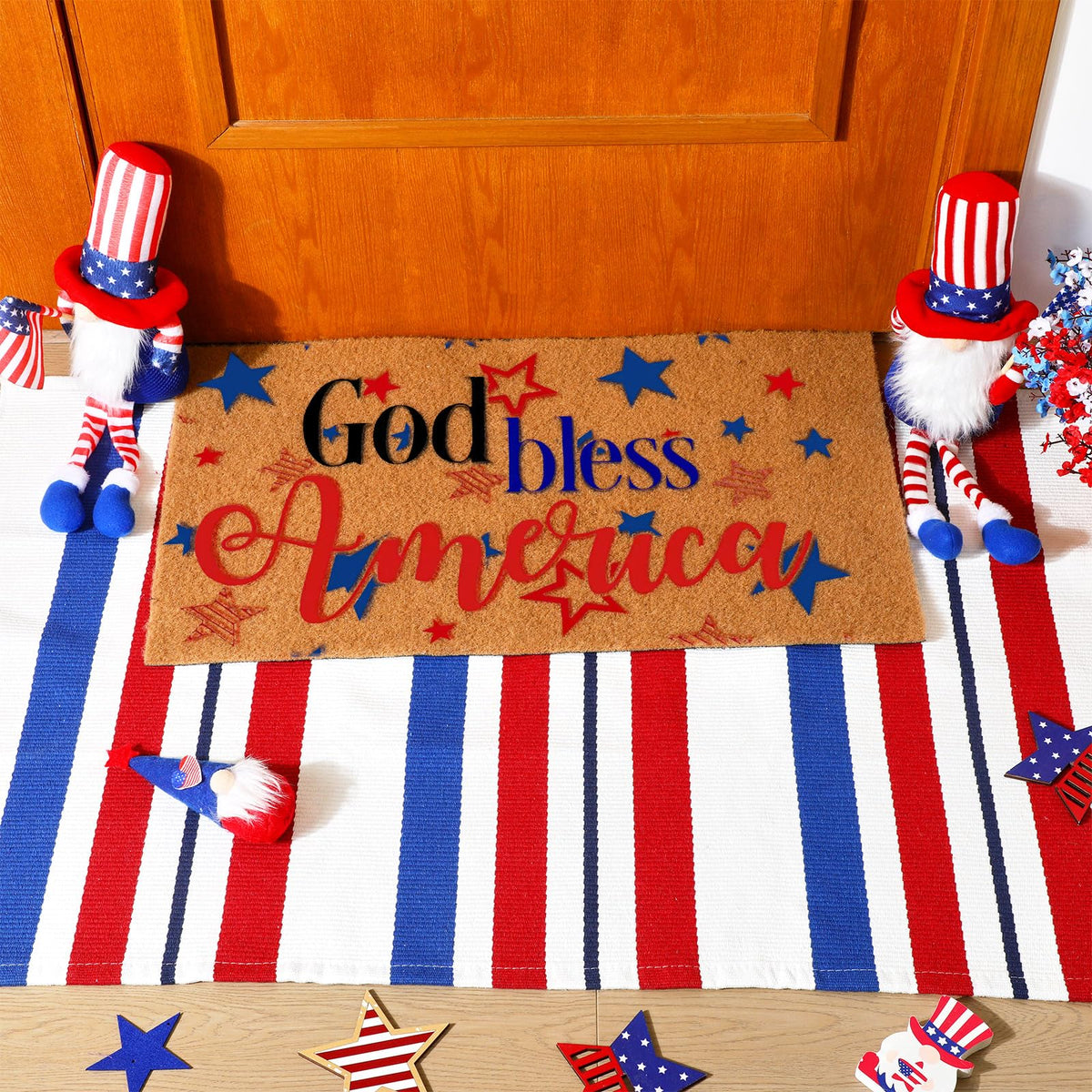 Duraaamo multicolor Independence Day rug complements porch or hallway decor.