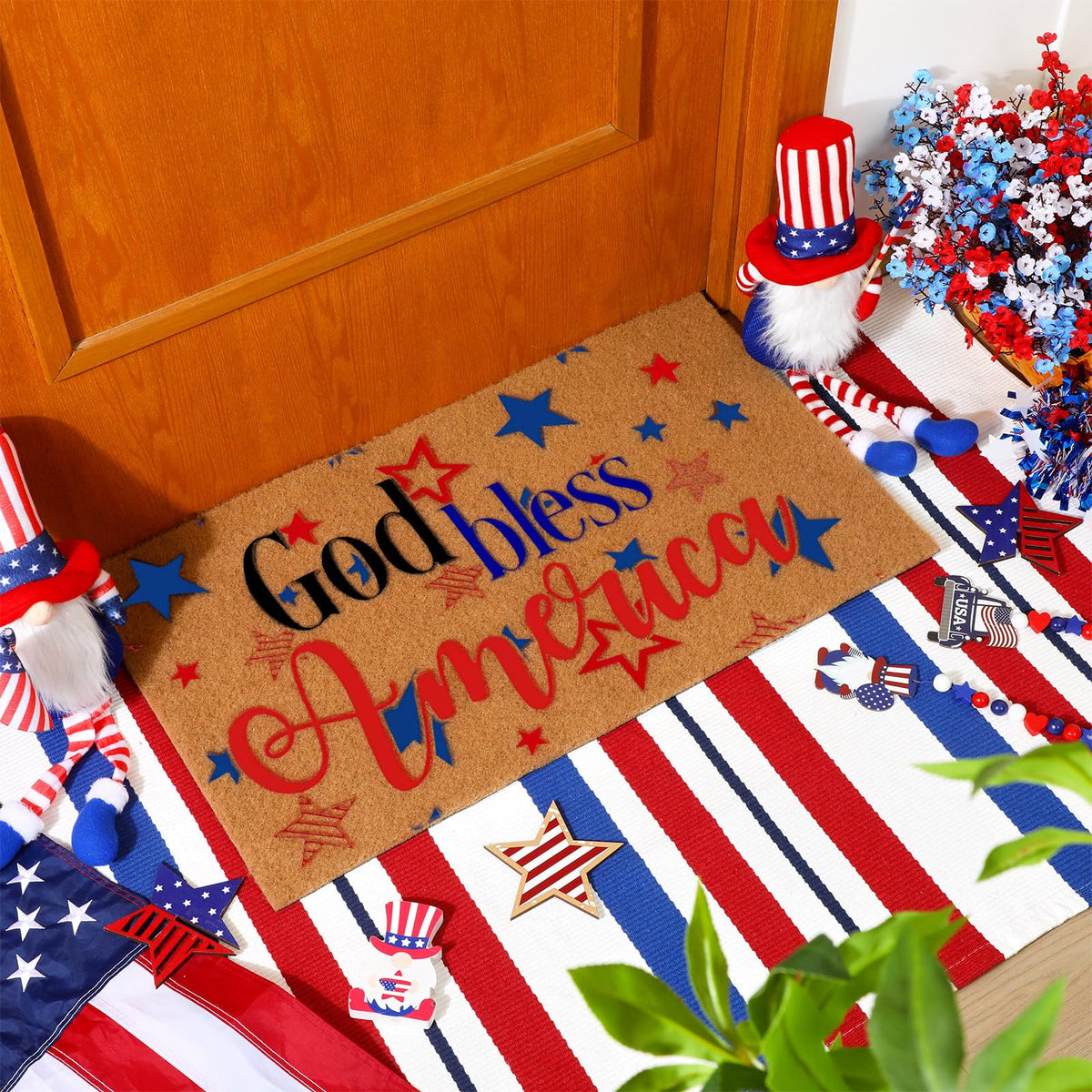 Duraaamo patriotic welcome rug outdoor emphasizes colors while keeping entry clean.