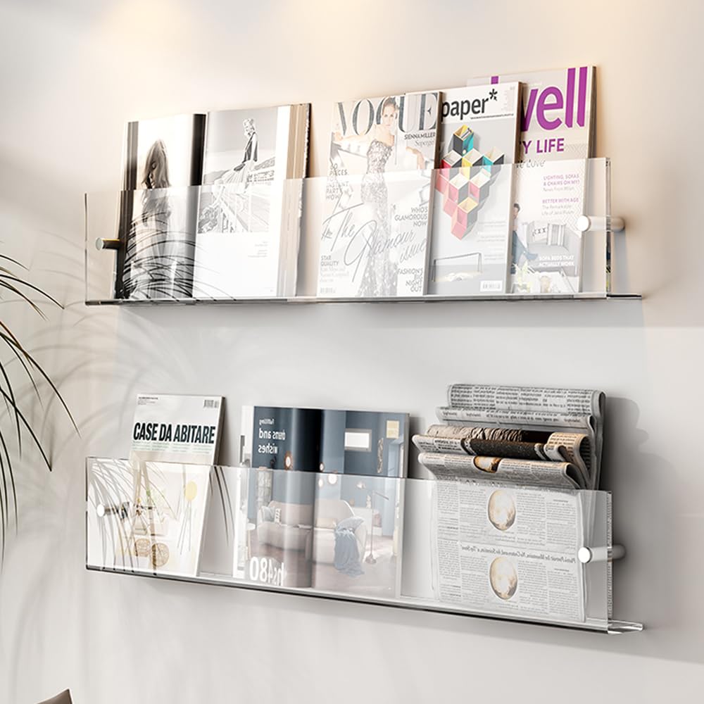 DuvinDD brochure-holder wall shelf shows covers clearly for quick selection.