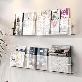 DuvinDD brochure-holder wall shelf shows covers clearly for quick selection.