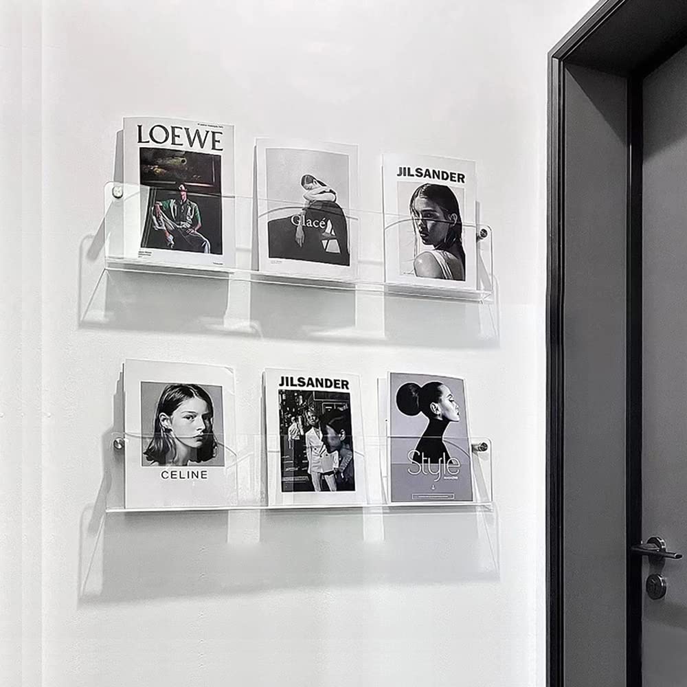 DuvinDD clear acrylic magazine shelf organizes office magazines for a neat workspace.
