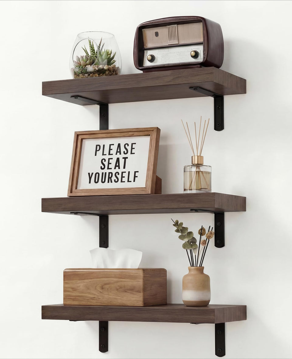 Duvique Easy Install floating shelf side view highlights warm wood and corner use