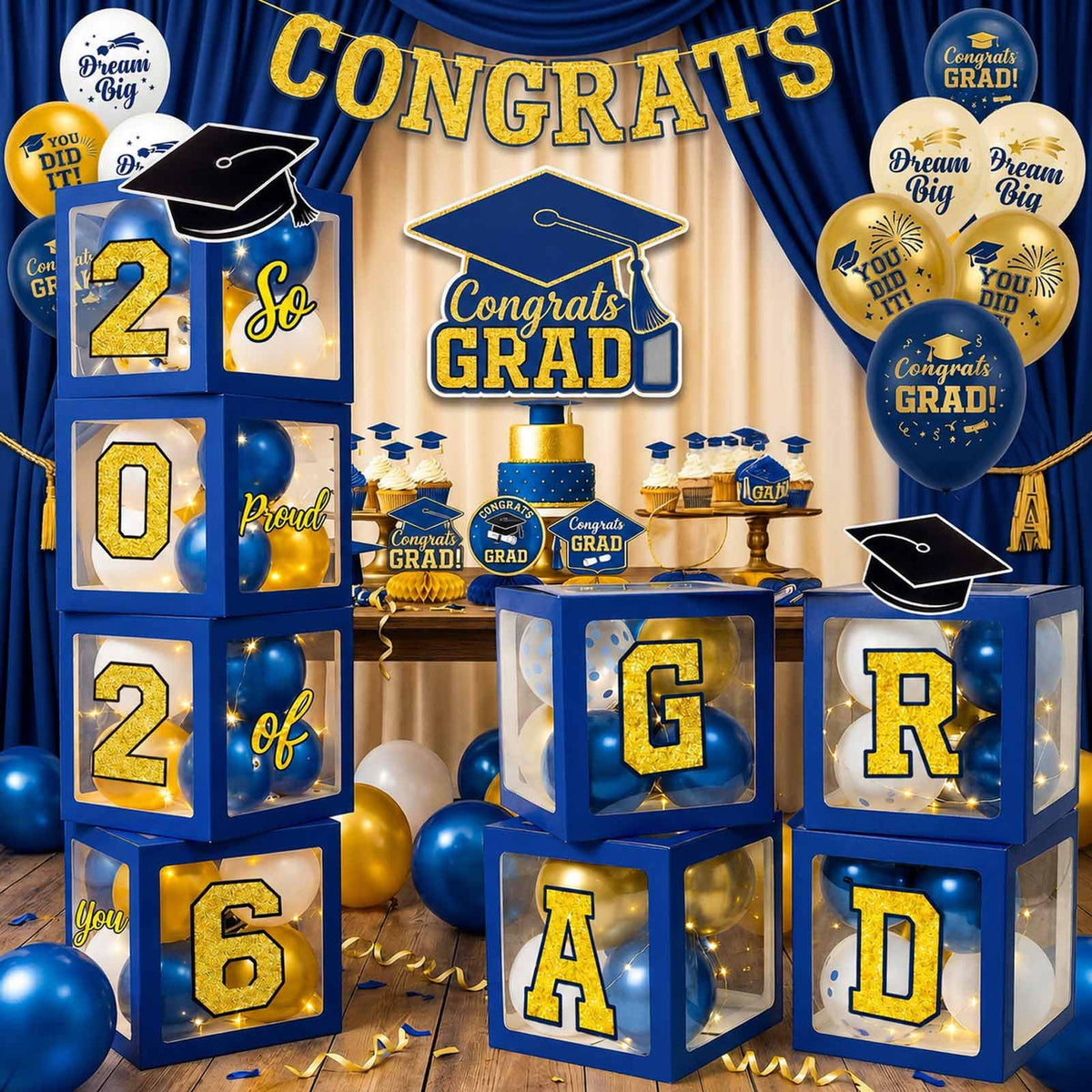 Duwagtry graduation balloon boxes in navy and gold for a bold Class of 2026 backdrop