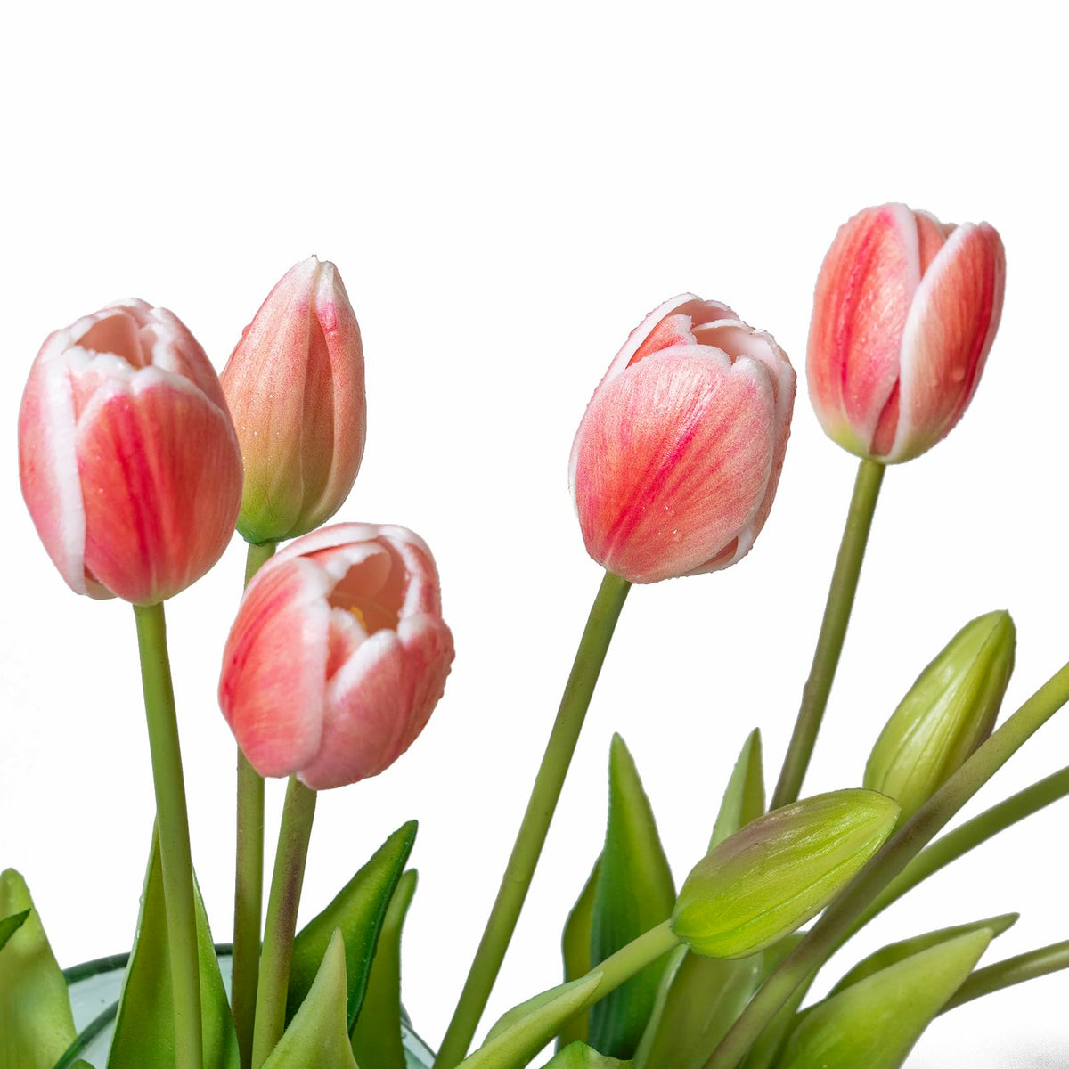 DUYONE coral pink tulips with flexible stems for glass vase styling.