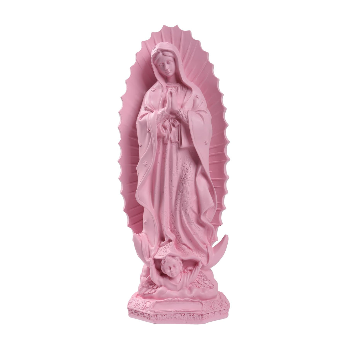 Dvehdbay Our Lady of Guadalupe pink 12-inch close-up statue with vibrant hand-painted details for sacred display.
