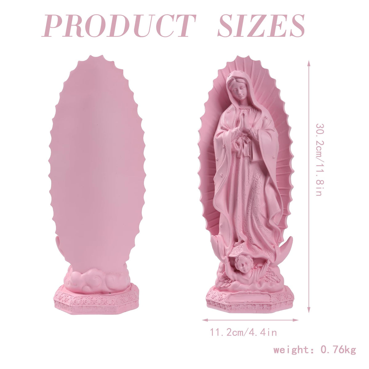 Dvehdbay Our Lady of Guadalupe pink 12-inch detail statue showcases color depth for altar spaces.