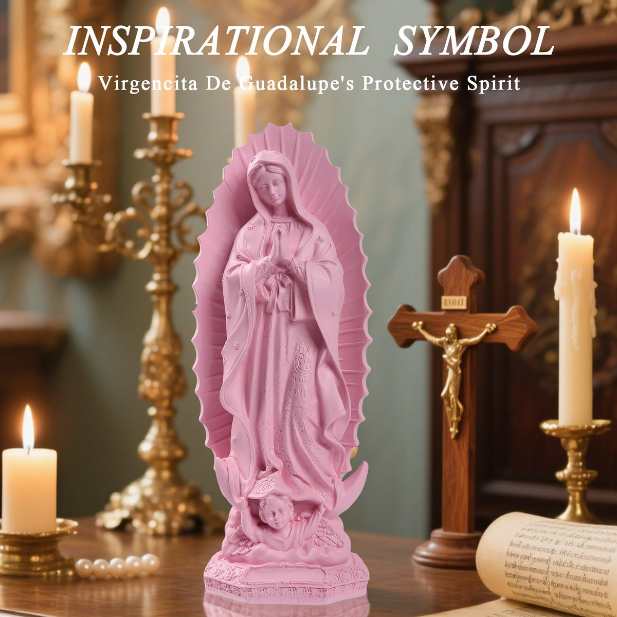 Dvehdbay pink display-altar statue Our Lady of Guadalupe adds gentle spiritual ambiance.