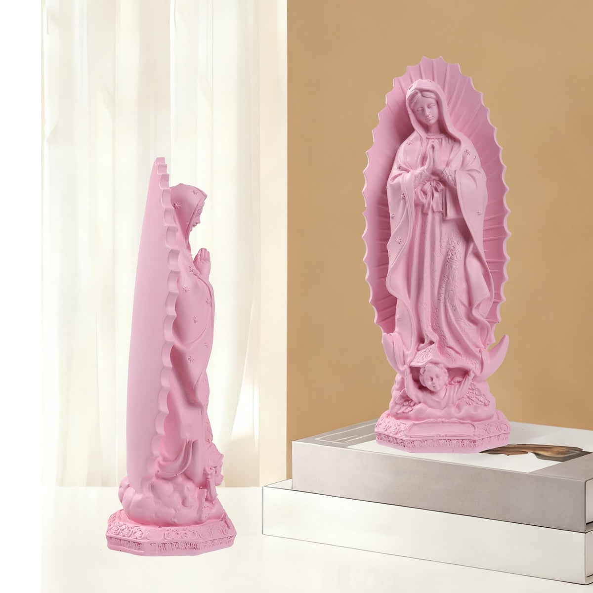 Dvehdbay pink-toned Our Lady of Guadalupe statue softens spaces and invites reflection.