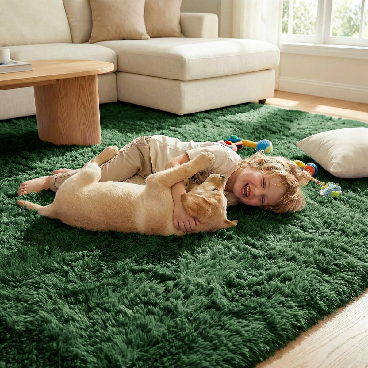 DweIke fluffy dark green rug bedroom setup adds warmth and softness