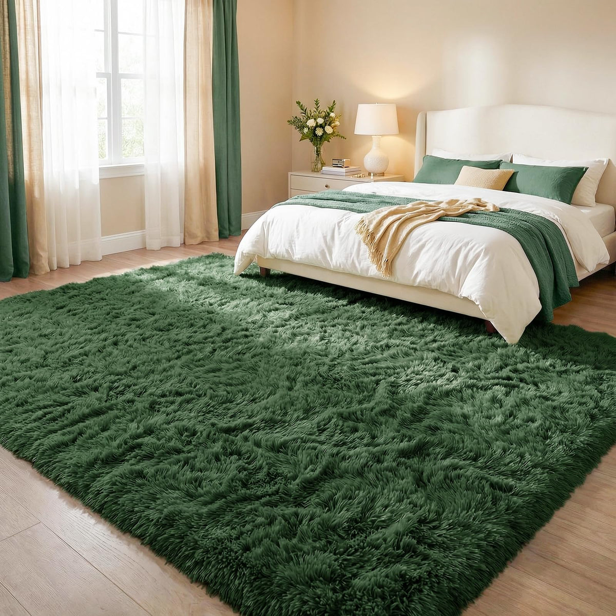 DweIke fluffy dark green rug closeup highlights texture and fluff
