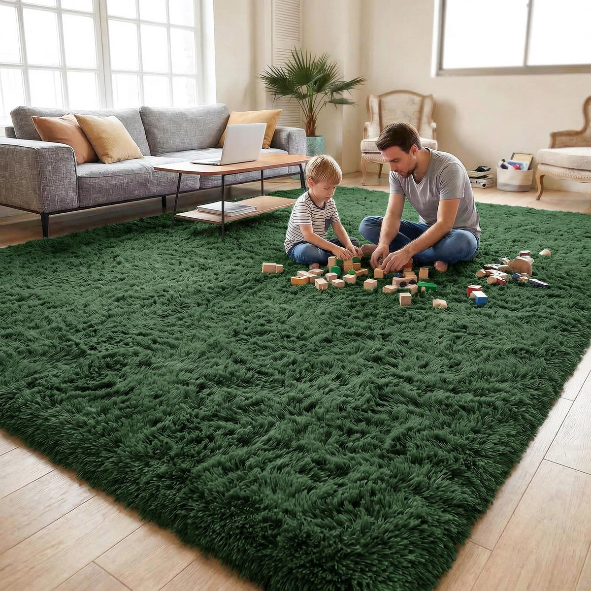 DweIke fluffy dark green rug living room angle shows plush comfort