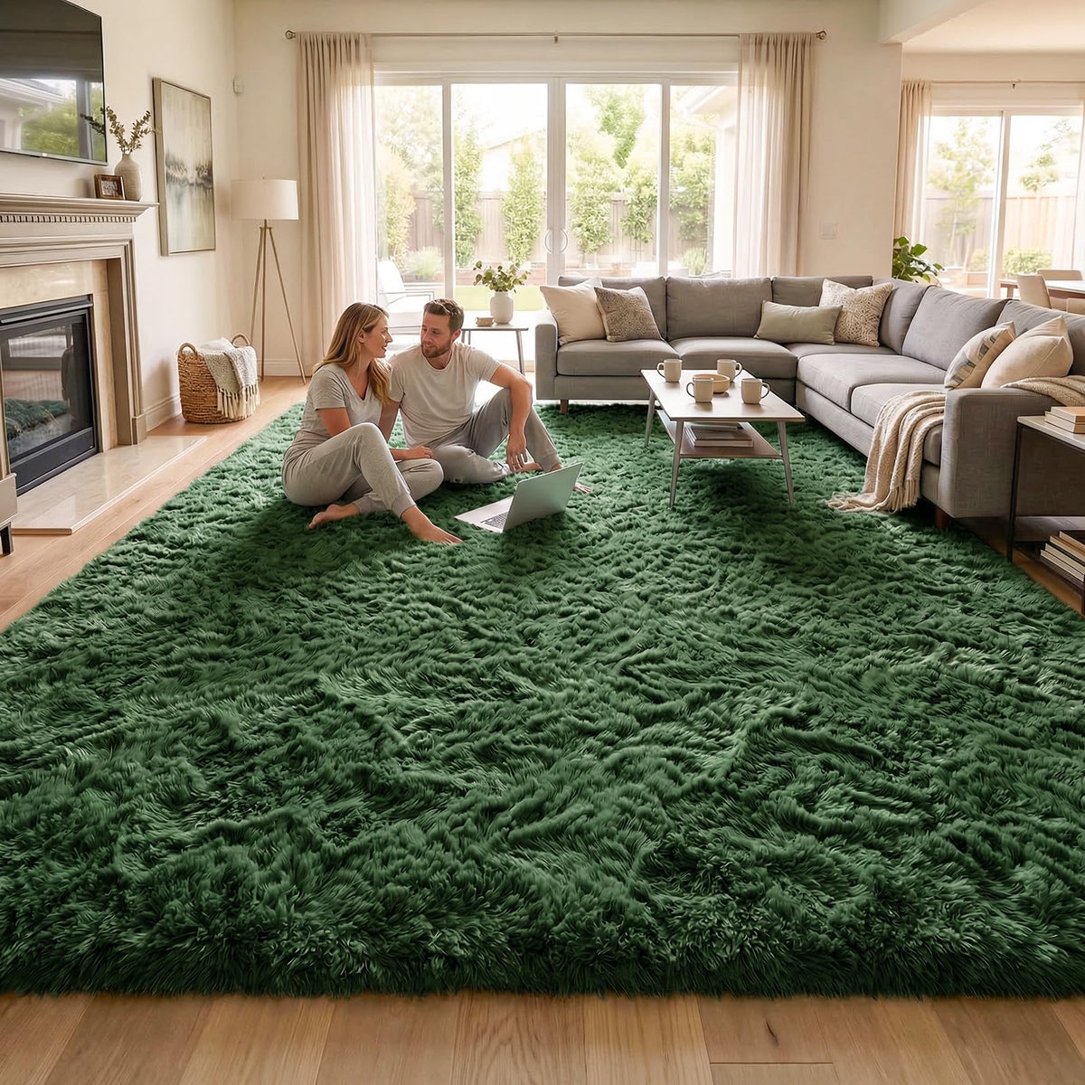 DweIke fluffy dark green rug under desk creates cozy workspace