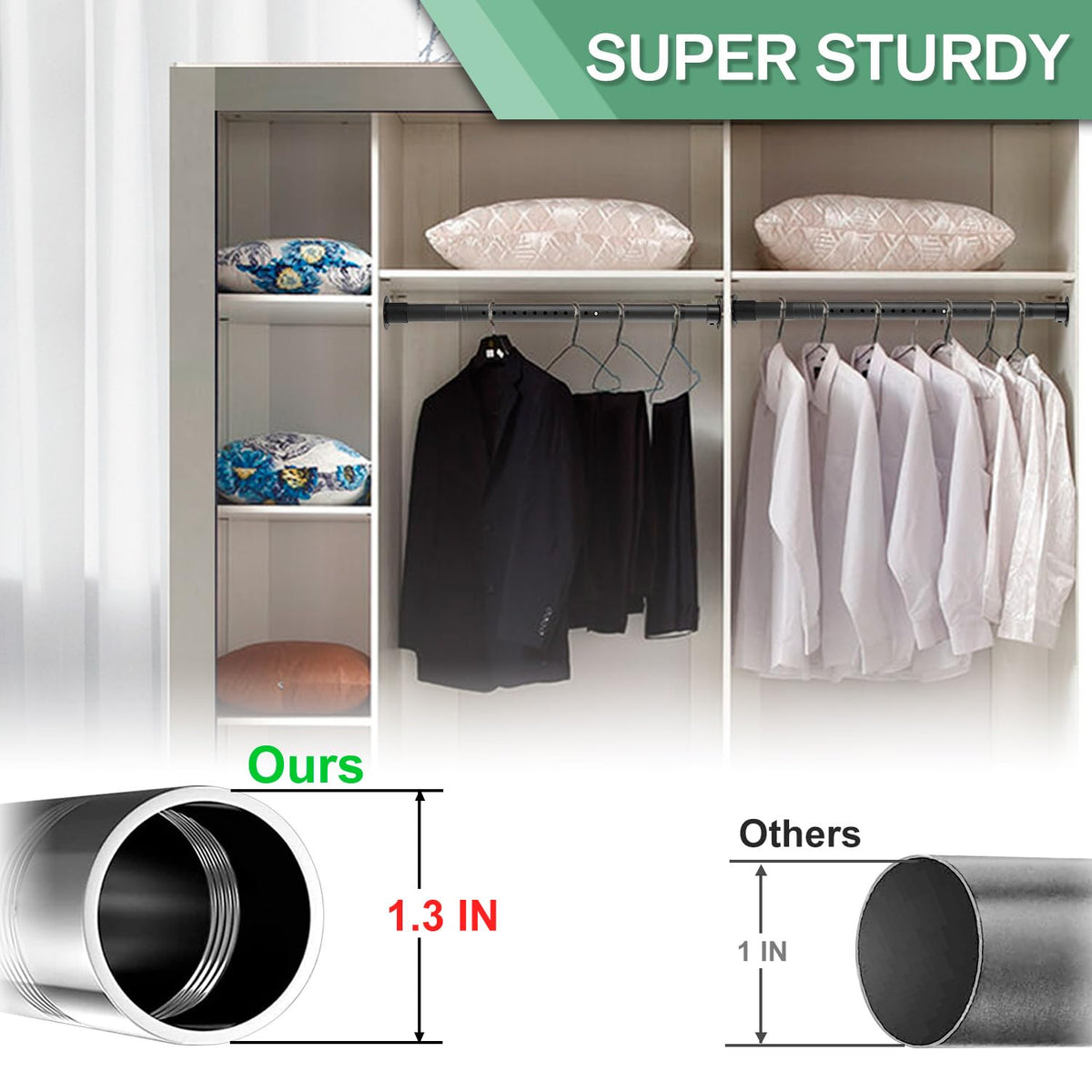 DwelSpire 1.3-inch diameter supports heavier garments with stability.