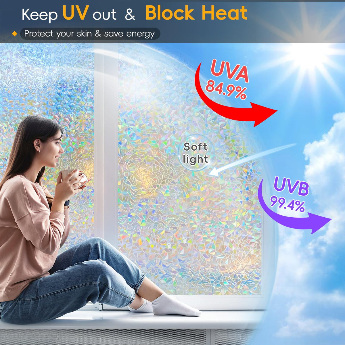 Dwersty rainbow window film features 3D decals for decorative glass