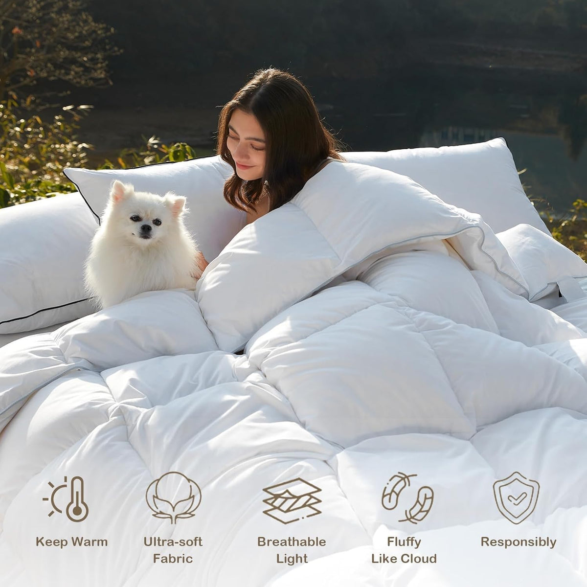 DWR cover close-up shows soft brushed cotton blend for gentle skin contact.