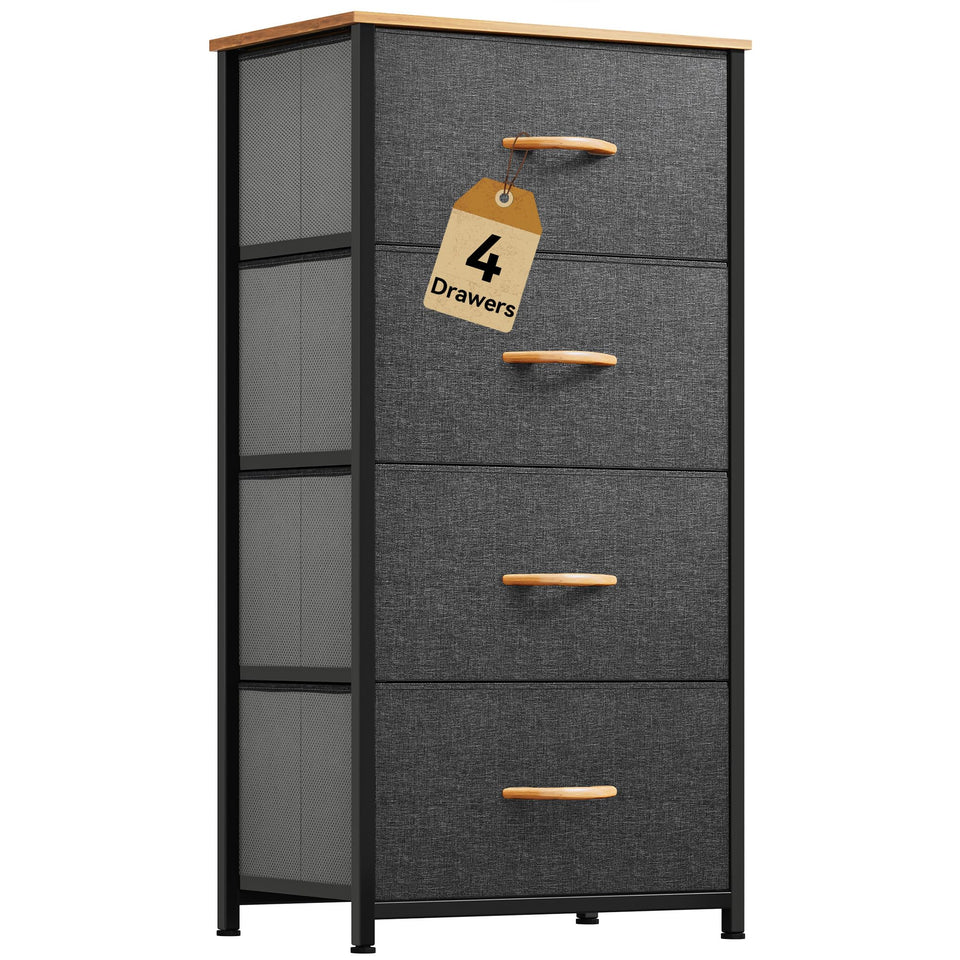 DWVO 4-Drawers Dresser with steel frame and wooden top for durable storage in bedroom.