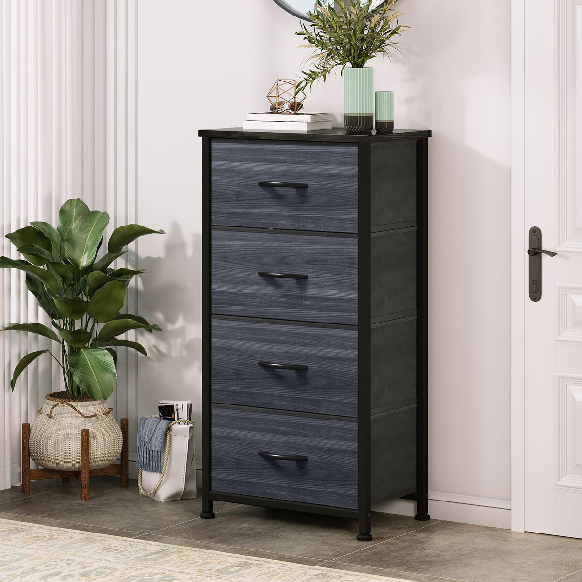 DWVO fabric dresser drawers open for easy access to garments and essentials.