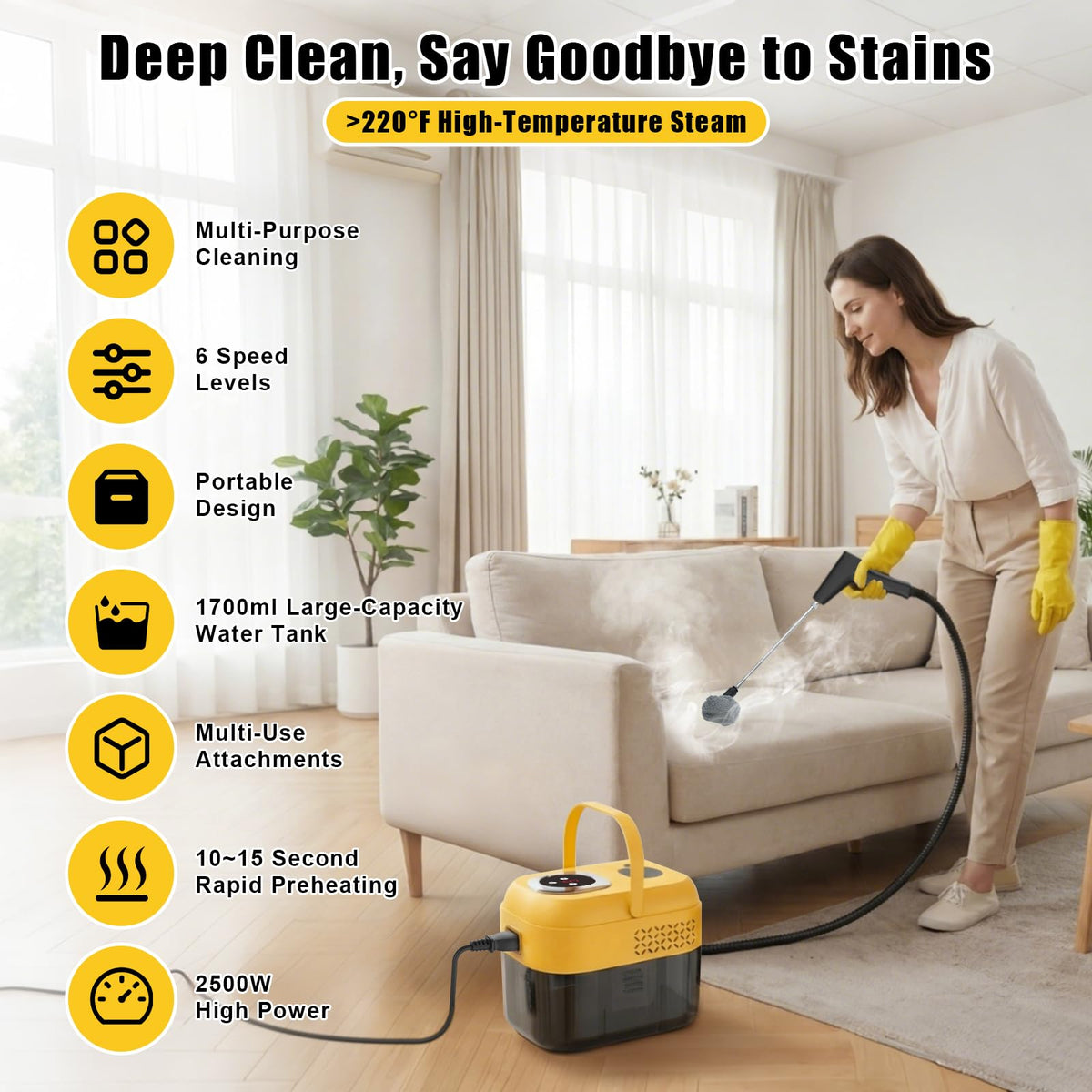 DXD steam cleaner water tank shows 1700ml for long, uninterrupted cleaning sessions.