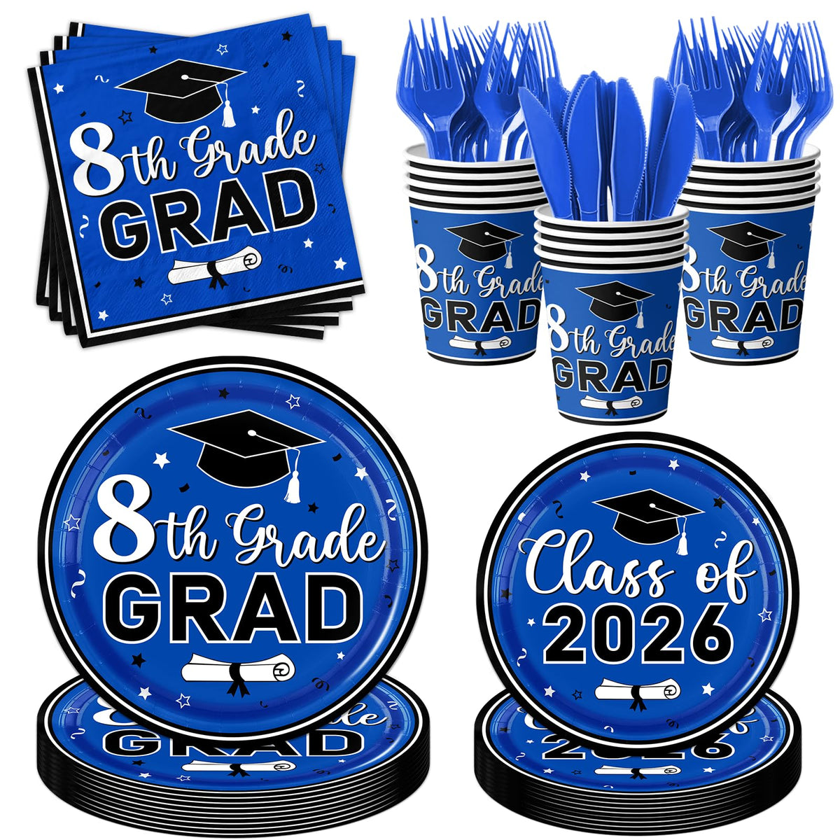 Dydamud 8th grade graduation plates in blue and black for a polished party setup