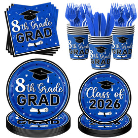 Dydamud 8th grade graduation plates in blue and black for a polished party setup