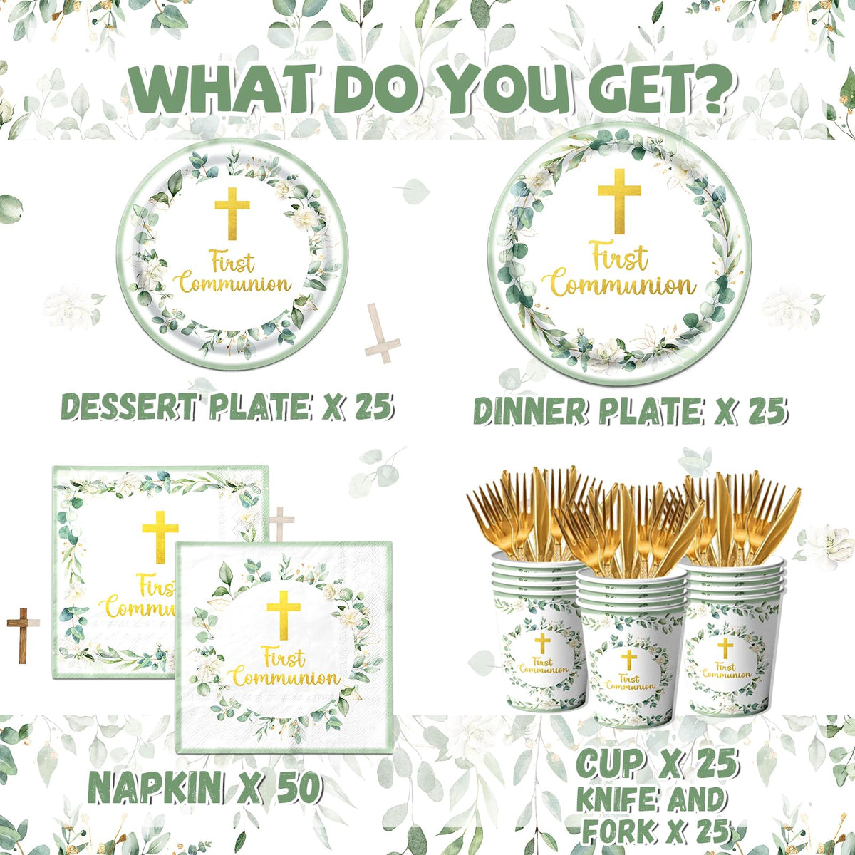 Dydamud First Communion golden cross floral design sets a sacred theme.