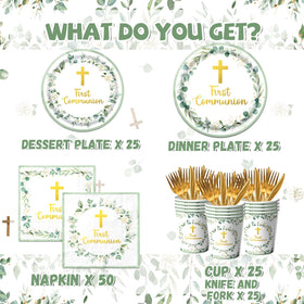 Dydamud First Communion golden cross floral design sets a sacred theme.