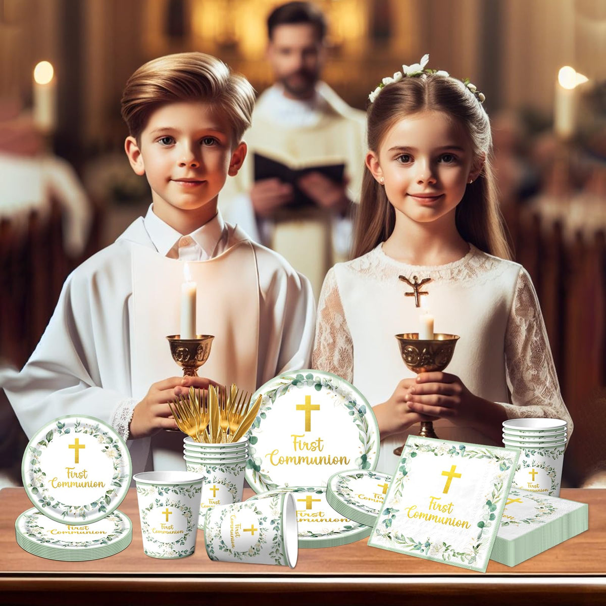 Dydamud First Communion green 7-inch dessert plates for elegant dessert presentation.