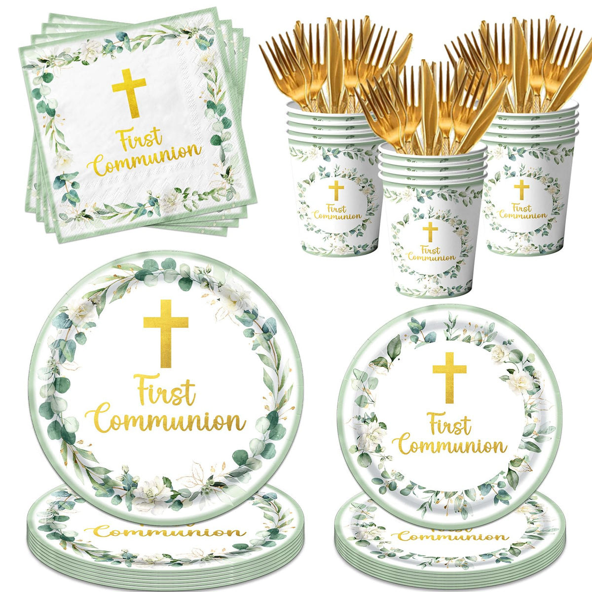 Dydamud First Communion green 9-inch plates for easy, mess-free serving at ceremonies.