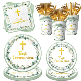 Dydamud First Communion green 9-inch plates for easy, mess-free serving at ceremonies.