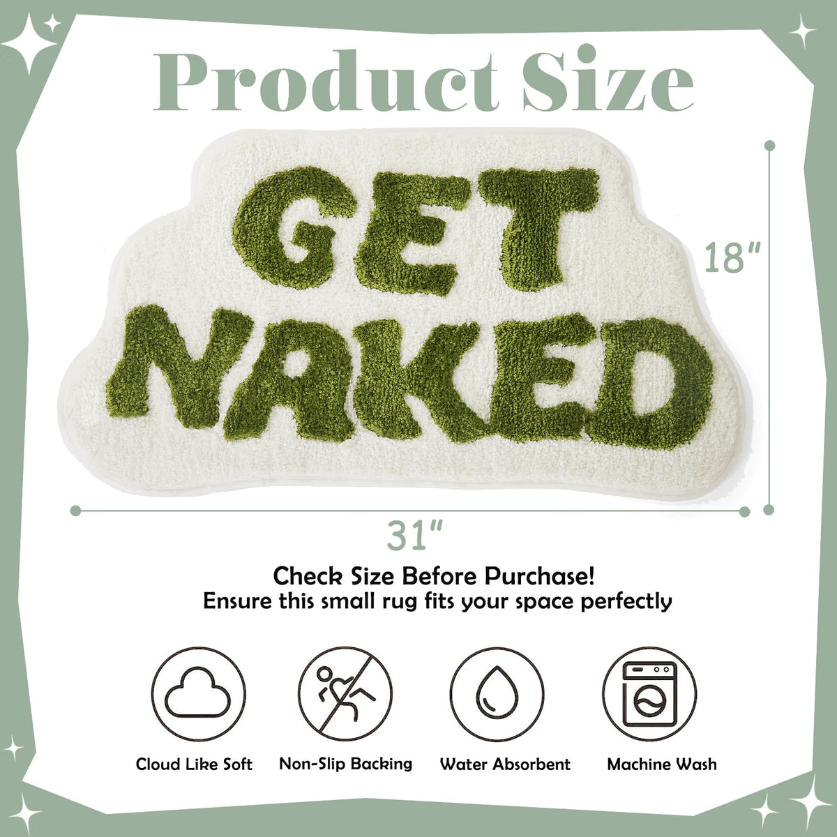 DyeFury Get Naked bath mat displays cheeky text for a lighthearted bathroom vibe.