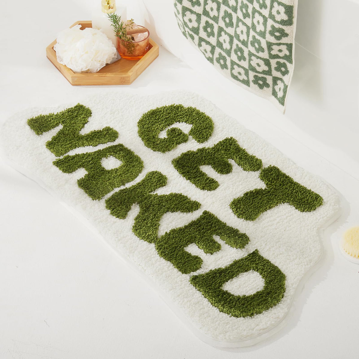 DyeFury Get Naked bath mat features non-slip backing for safer footing on slick bathroom floors.