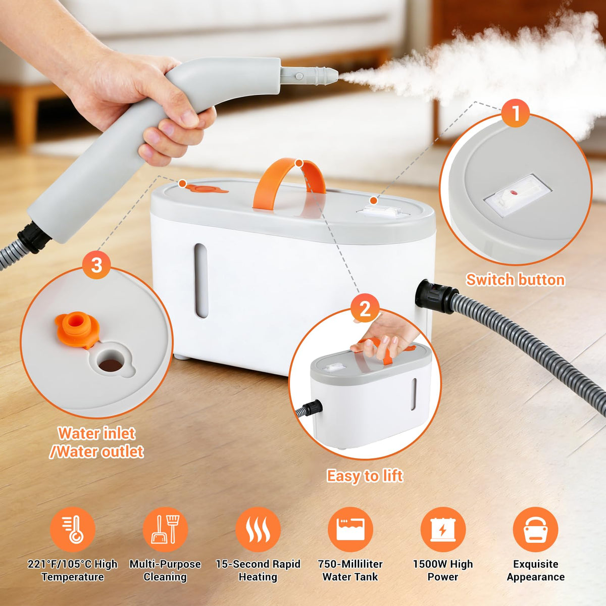 Dyfilmo steam cleaner floor nozzle targets floors and tiles for fast cleaning.