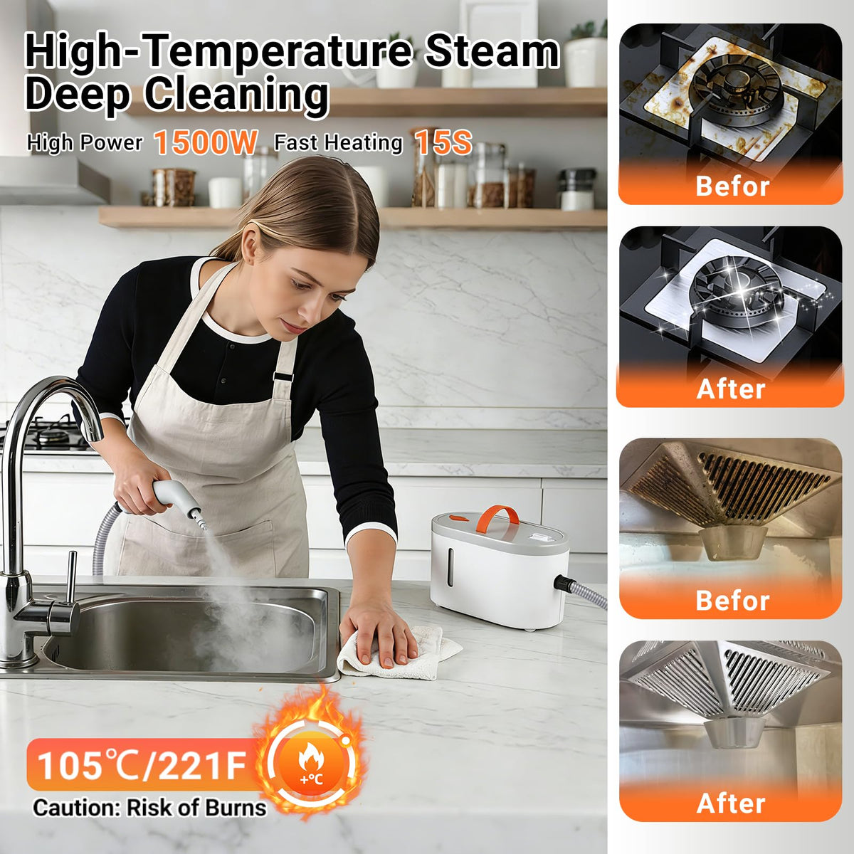Dyfilmo steam cleaner 15-second heat-up for quick surface refreshes.